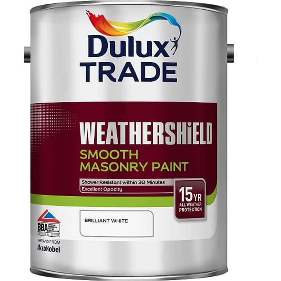 DULUX TRADE WEATHERSHIELD SMOOTH MASONRY PBW BRILLIANT WHITE 5LT