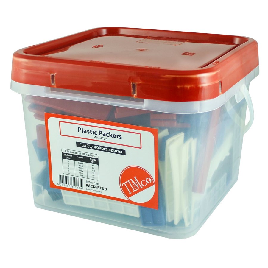 TIMCO MIXED TUB 400PCE 28 X 100MM PLASTIC FLAT PACKERS 1 -6MM