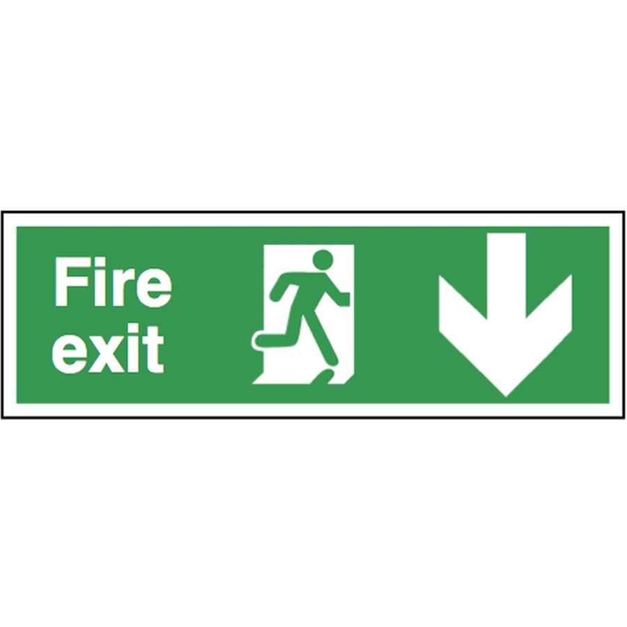 FIRE EXIT SIGN 600X200MM RP RUNNING MAN ARROW DOWN 12099