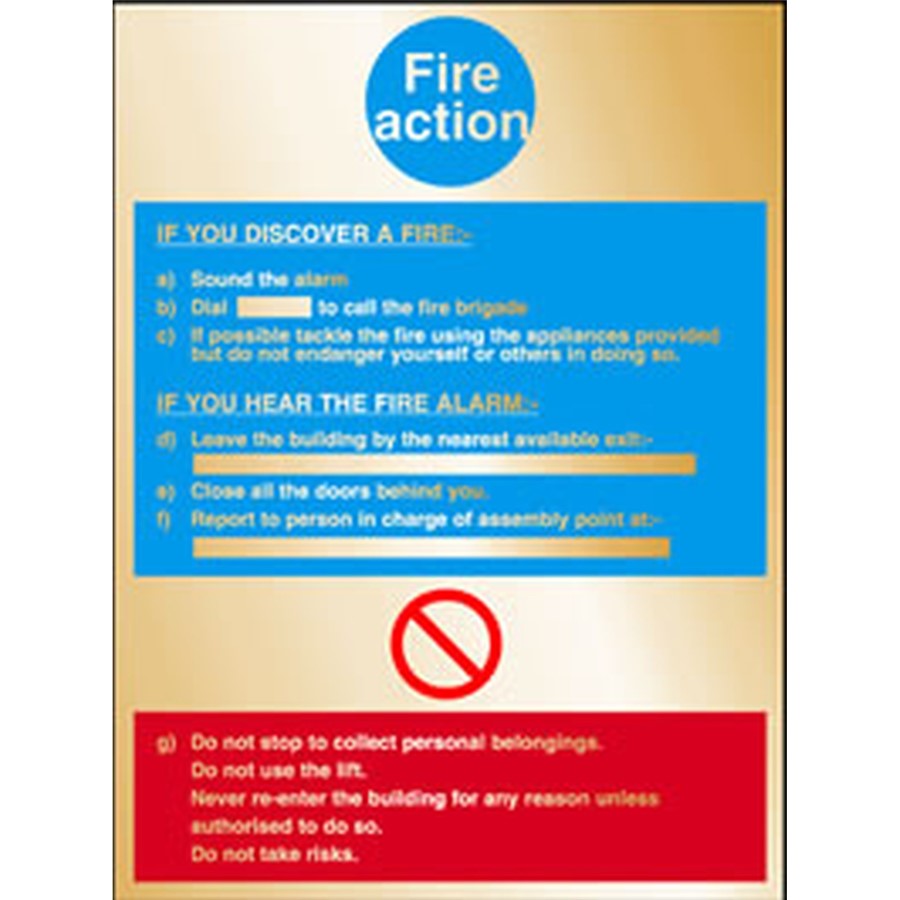 FIRE ACTION SIGN GOLD 200X300 MM RIGID S/A AP8E GOLD 9RS