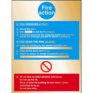 FIRE ACTION SIGN GOLD 200X300 MM RIGID S/A AP8E GOLD 9RS