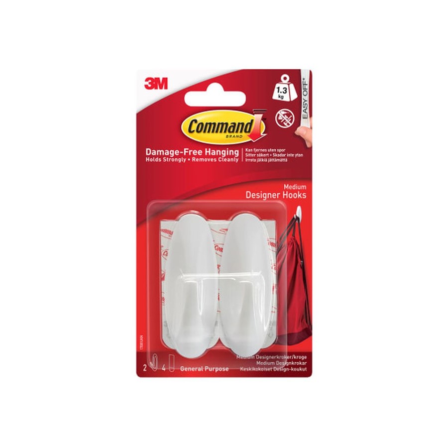 3M COMMAND STRIP DESIGNER HOOKS - MEDIUM - 2 PCE WHITE