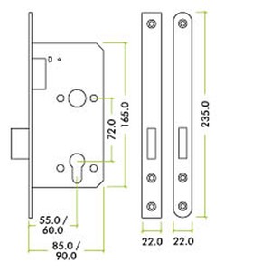 N&C SPECIFIER DIN EURO DEADLOCK 72MM CENTRE, 60MM BACKSET SSS