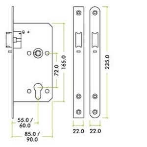 N&C SPECIFIER DIN LATCH 72MM CENTRE, 60MM BACKSET SSS