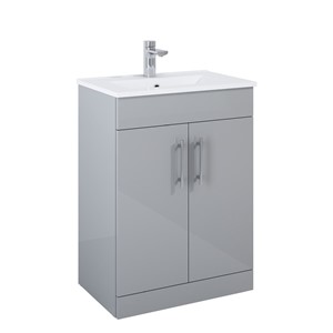 PAVILION GLOSS LIGHT GREY 60CM 2 DOOR WASH BASIN UNIT (BASIN INCLUDED)