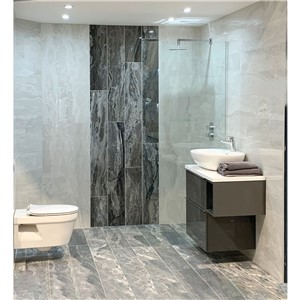 image of Look Wall Hung Bathroom Vanity Unit 60cm 2 Drawer Anthracite Gloss No Furniture Handles
